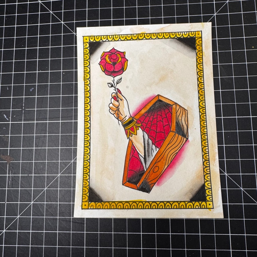 Tattoo Flash Hand Painted Acrylic Ink Coffin Hand‎ Gothic Wall Art Halloween